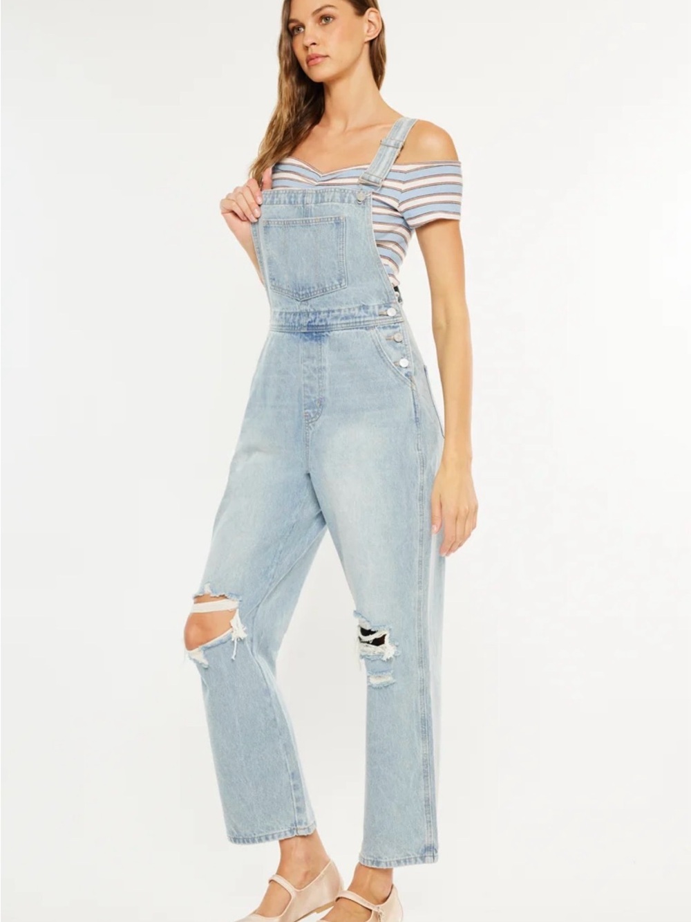 KanCan Becky Light Blue Distressed Wide Leg Flair Denim Bib Overalls Medium